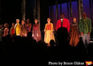 Julia Lester as "Little Red Riding Hood", Gavin Creel as "The Wolf/Cinderella’s Prince", Brian d'Arcy James as "The Baker", Patina Miller as "The Witch", Sara Bareilles as "The Baker’s Wife", Phillipa Soo as "Cinderella" and Joshua Henry as "Rapunzel’s Prince", David Patrick Kelly as "The Narrator/Mysterious Man" and Cole Thompson as "Jack" @ BroadwayWorld Julia Lester as "Little Red Riding Hood", Gavin Creel as "The Wolf/Cinderella’s Pri Photo