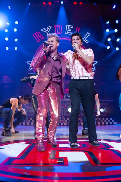 Jason Donovan and Peter Andre at the curtain call for Grease, credit Piers Allardyce Photo