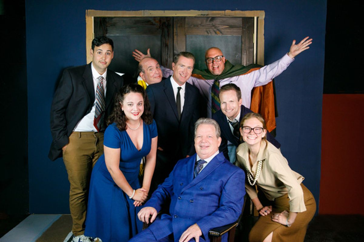 The writers (Lyndsay Palmer, Matthew Abosamra, Lou Saliba, Shawn Plunkett, Peter Miller, Jeremy Palmer, Julia McGowan) and their boss, Max Prince (Ben Lupejkis)
  at 