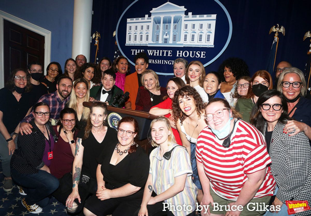Hillary Clinton poses with the cast, crew and company  at 
