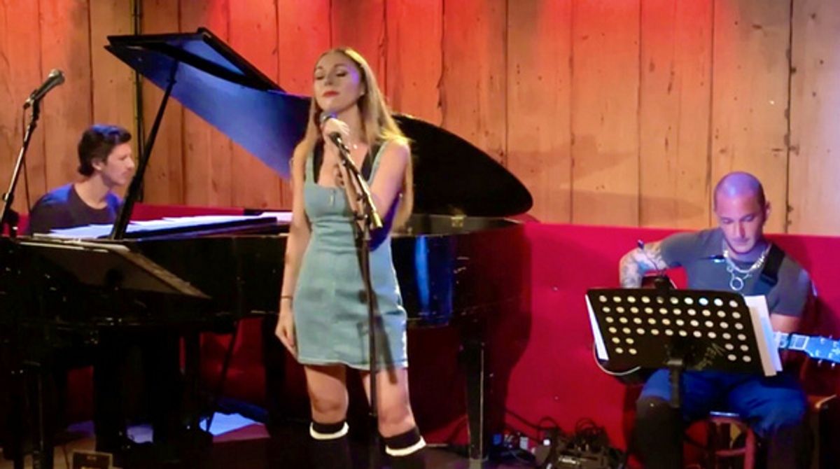 Mikayla Petrilla singing JUST A GIRL by No Doubt THE VIOLET HOUR at Rockwood Music Hall; Thomas McEvoy on keys, Jamie Amadruto on guitar, Kyle Milner on drums. at 