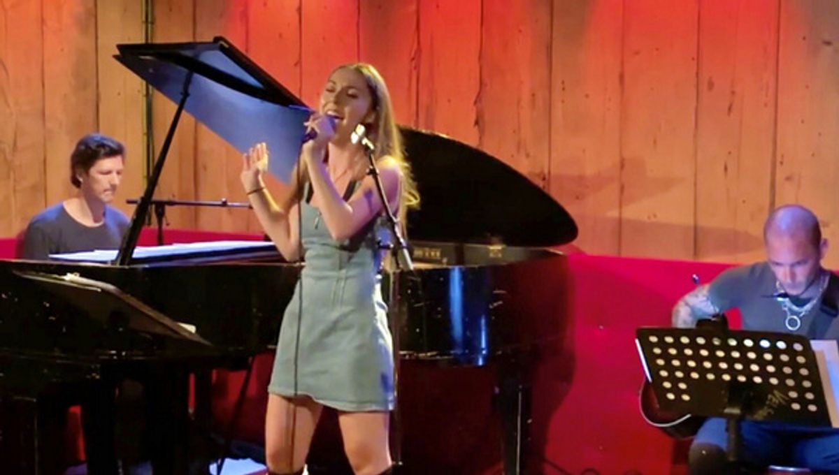 Mikayla Petrilla singing RUNNING UP THAT HILL by Kate Bush at THE VIOLET HOUR at Rockwood Music Hall. Thomas McEvoy on keys, Jamie Amadruto on guitar, Kyle Milner on drums. at 