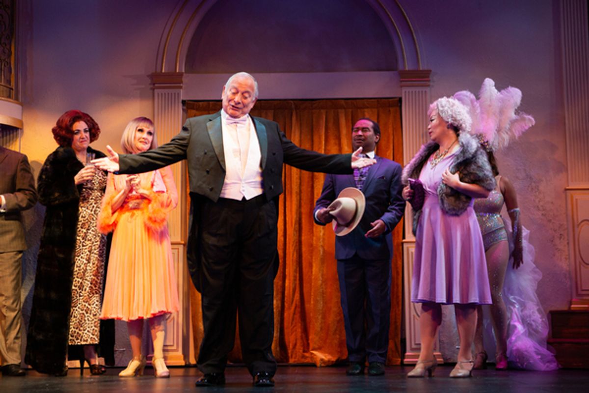 Dimitri Weissman (Louis Parnell*, center) welcomes his guests (L-R) Carlotta Campion (Cindy Goldfield*), Solange LaFitte (Jill Slyter), Theodore Whitman (Rene Collins), and Emily Whitman (Eiko Yamamoto).  at 