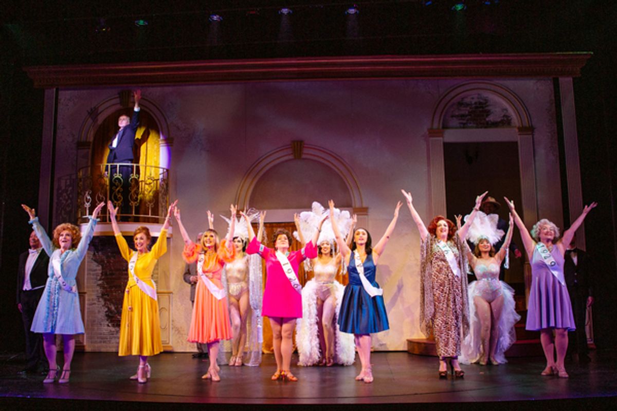 Singing Beautiful Girls from the balcony, Roscoe (understudy Timothy Lynch) is accompanied by (front row, L-R) Hattie Walker (Lucinda Hitchcock Cone*), Phyllis Rogers Stone (Maureen McVerry*), Solange LaFitte (Jill Slyter), Stella Deems (Caroline Louise Altman*), Sally Durant Plummer (Natascia Diaz*), Carlotta Campion (Cindy Goldfield*), and Emily Whitman (Eiko Yamamoto) as they re-live their past as Follies performers and are joined by (back row, L-R) Dimitri Weismann (Louis Parnell), Benjamin Stone (Chris Vettel*), and the ghosts of Follies past (Emily Corbo, Ann Warque, and Catrina Manahan).  at 