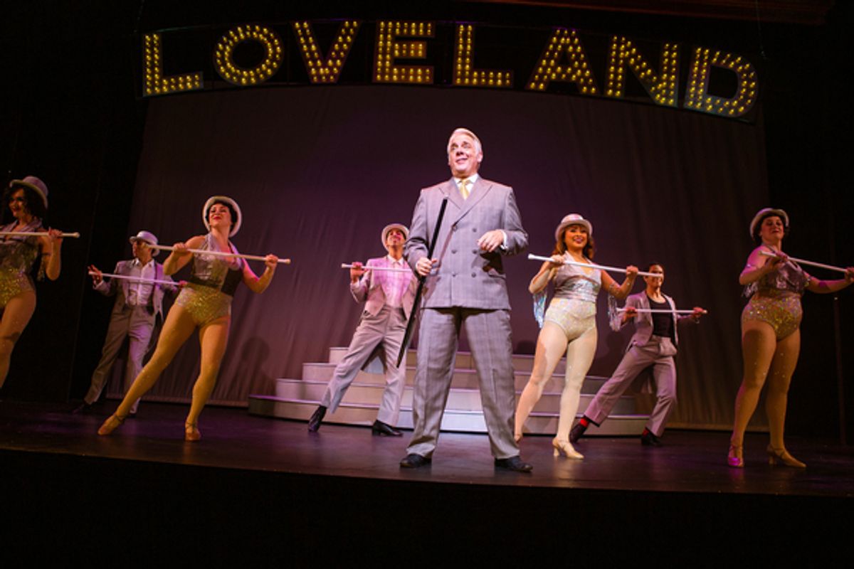 Benjamin Stone (Chris Vettel*, center) reevaluates his priorities during Live, Laugh, Love, accompanied by the Follies company (L-R: Emily Corbo, Anthony Maglio, Samantha Rose Cárdenas*, M. Javi Harnly, Catrina Manahan, Chachi Delgado, and Danielle Cheiken). at 