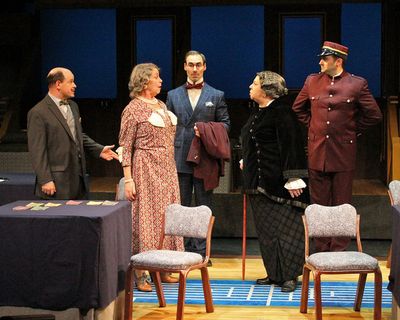 Michael Antico as Hercule Poirot, Catherine Gaffney as Helen Hubbard, Nicholas Wilder Photo