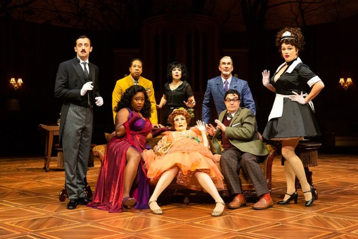 Dylan Godwin as Wadsworth,
David Rainey as Colonel Mustard,
Michelle Elaine as Miss Scarlet,
Elizabeth Bunch as Mrs. White,
Susan Koozin as Mrs. Peacock,
Todd Waite as Professor Plum,
Christopher Salazar as Mr. Green,
​and Melissa Pritchett as Yvette
in Alley Theatre’s Summer Chills at 