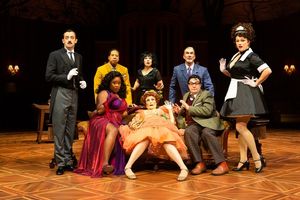 Dylan Godwin as Wadsworth,
David Rainey as Colonel Mustard,
Michelle Elaine as Miss Scarlet,
Elizabeth Bunch as Mrs. White,
Susan Koozin as Mrs. Peacock,
Todd Waite as Professor Plum,
Christopher Salazar as Mr. Green,
and Melissa Pritchett as Yvette
in Alley Theatre’s Summer Chills @ BroadwayWorld Dylan Godwin as Wadsworth,
David Rainey as Colonel Mustard,
Michelle Elaine as Miss S Photo