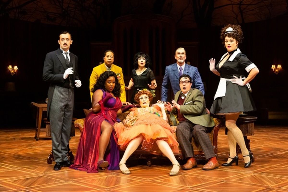 Dylan Godwin as Wadsworth,
David Rainey as Colonel Mustard,
Michelle Elaine as Miss Scarlet,
Elizabeth Bunch as Mrs. White,
Susan Koozin as Mrs. Peacock,
Todd Waite as Professor Plum,
Christopher Salazar as Mr. Green,
​and Melissa Pritchett as Yvette
in Alley Theatre’s Summer Chills at 