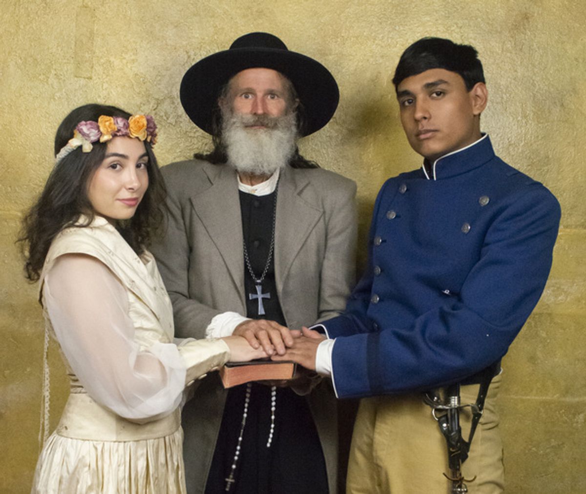 Aur l a as Hero, William English as Friar Francis and Devin Romero as Claudio in MUCH ADO ABOUT NOTHING. at Photos: First Look at the Cast of Stag & Lion Theatre Company's MUCH ADO ABOUT NOTHING at The Trinity Theatre