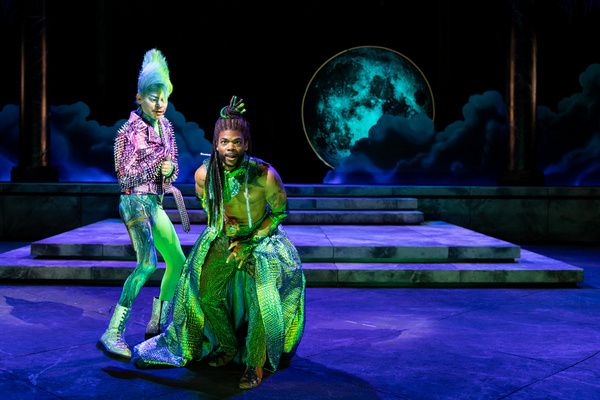 The Old Globe - (from left) Christopher Michael Rivera as Puck and Paul James as Ober Photo