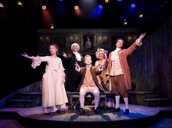 The Virtuous Life of Joseph Andrews stars (from left) Maya Musial (Fanny Goodwill), Josh Powell (Parson Adams), Jonathan Randell Silver (Various roles), Liz Zazzi (Lady Booby), Steven Telsey (Joseph Andrews). Photo by John Quilty