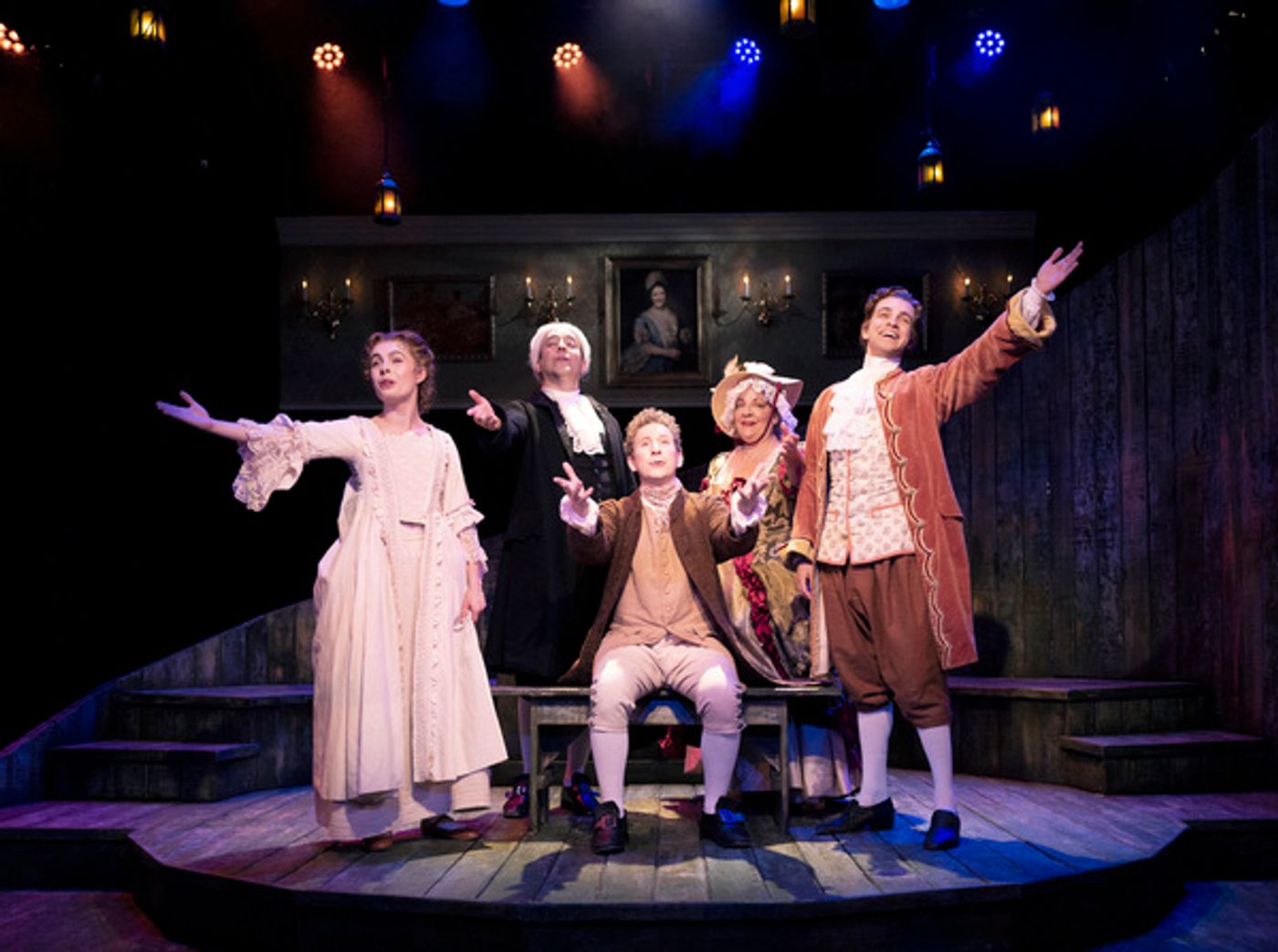 The Virtuous Life of Joseph Andrews stars (from left) Maya Musial (Fanny Goodwill), Josh Powell (Parson Adams), Jonathan Randell Silver (Various roles), Liz Zazzi (Lady Booby), Steven Telsey (Joseph Andrews). Photo by John Quilty