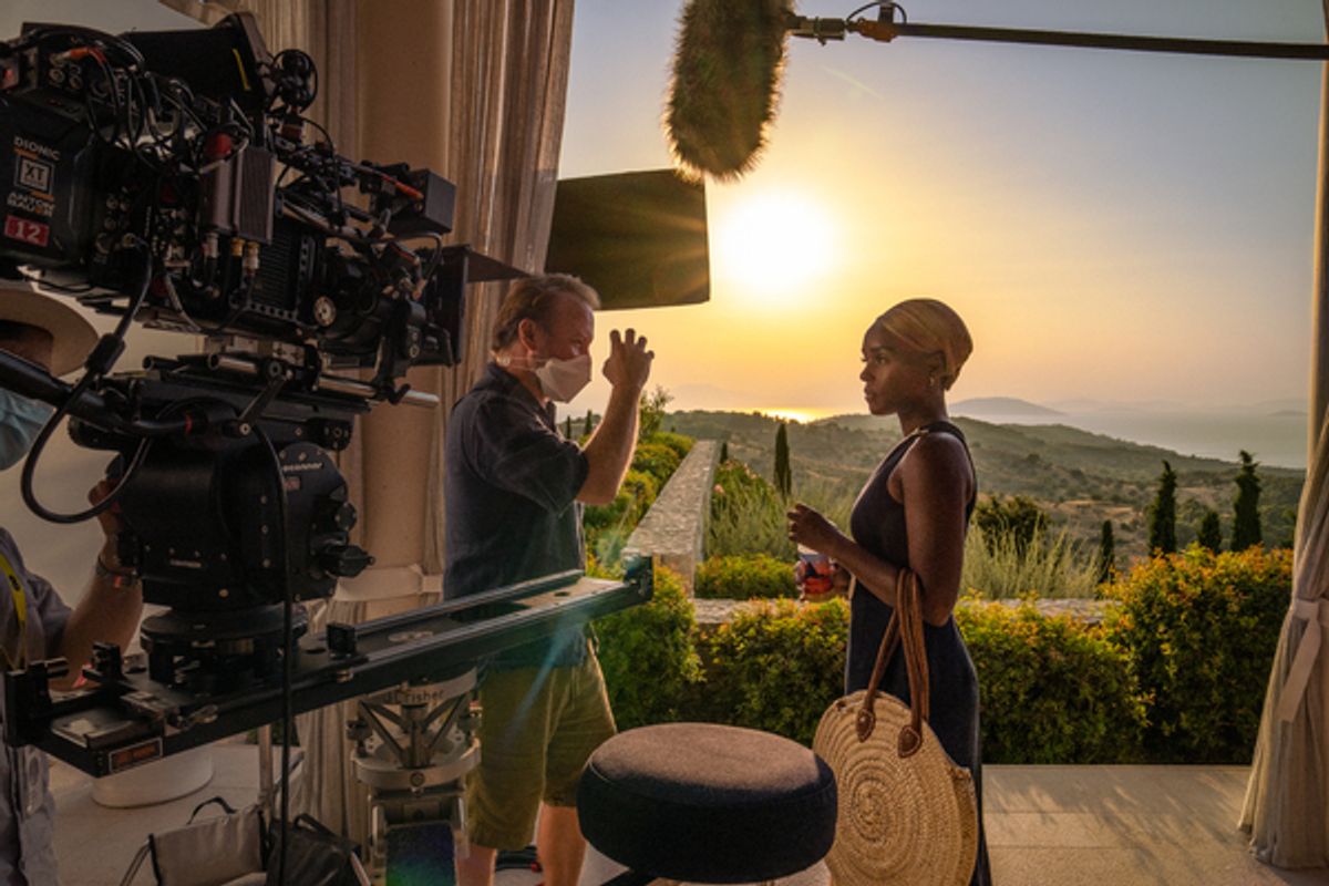 Rian Johnson & Janelle Monae filming Glass Onion at 