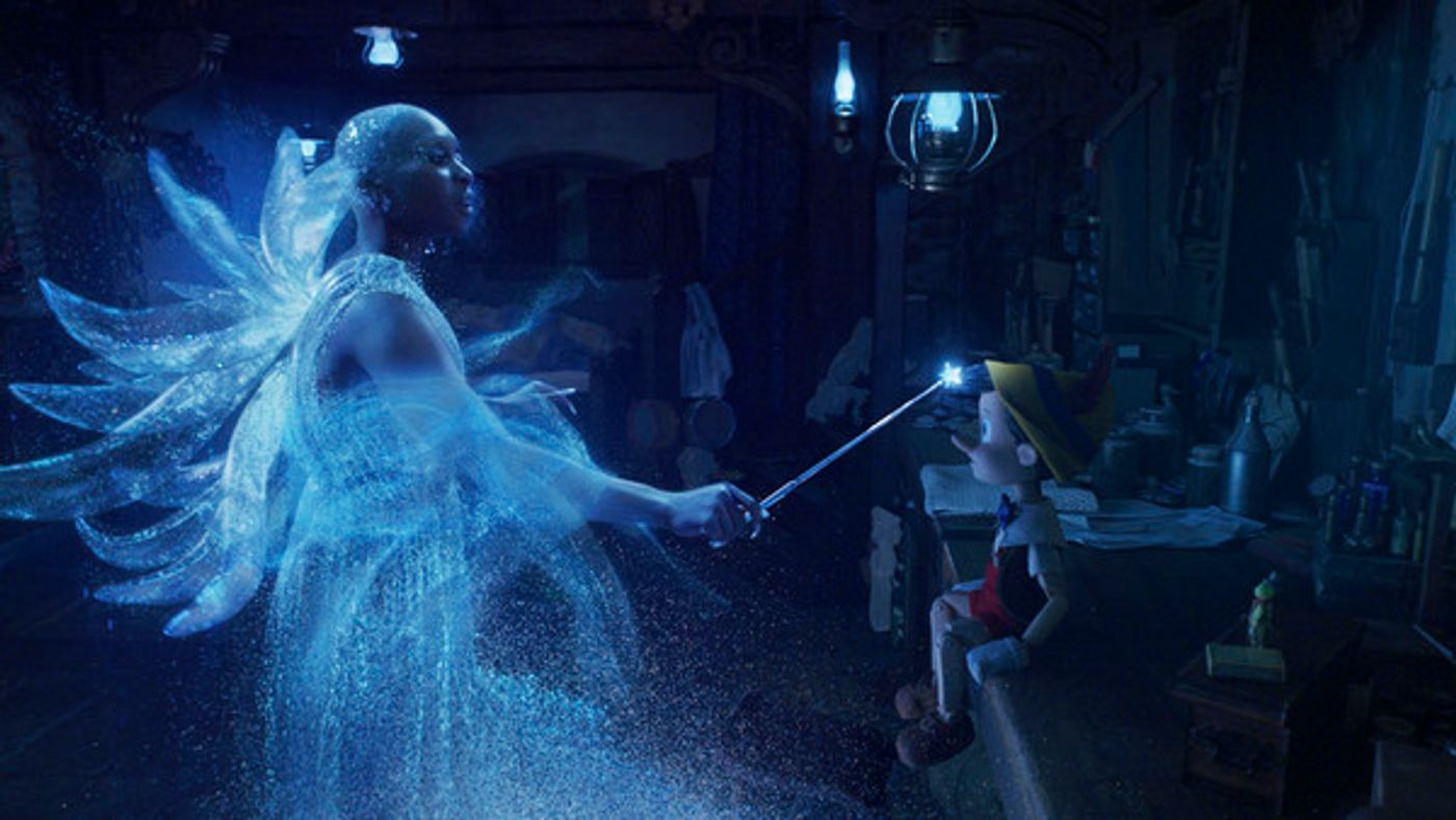Cynthia Erivo as the Blue Fairy, Pinocchio (voiced by Benjamin Evan Ainsworth), and Jiminy Cricket (voiced by Joseph Gordon-Levitt in Disneys live-action PINOCCHIO
