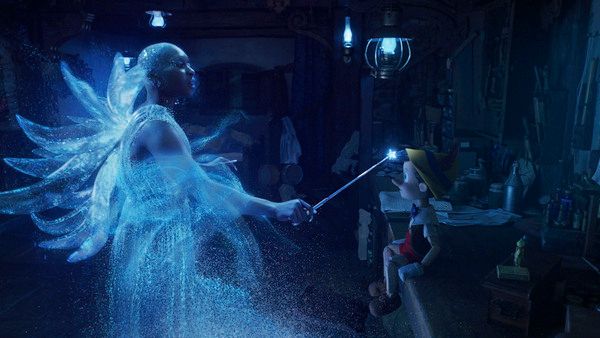 Cynthia Erivo as the Blue Fairy, Pinocchio (voiced by Benjamin Evan Ainsworth), and J Photo