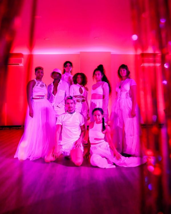 The company of MISCELLANEA - Ari Groover, Matthew Johnson, Joshua Leon Eguia, Runako Campbell, Emilio Ramos, Kyra Smith, Lynnette Paz, and Penny Wendtlandt    Photo by Laura Fuchs