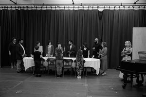 from left to right, facing front: Gina Ferrall, David Krumholtz, Faye Castelow, Colle Photo