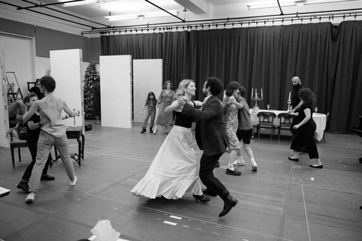 from left to right, foreground: Joshua Satine and Faye Castelow; Caissie Levy and Brandon Uranowitz; from left to right, background: Ava Michele Hyl and Betsy Aidem, Colleen Litchfield and Drew Squire, Aaron Neil and Jenna Augen at 