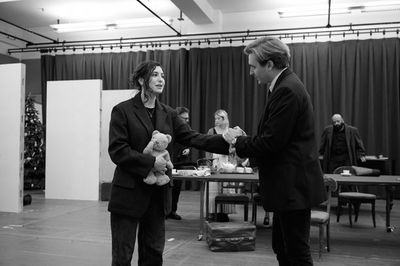 Tedra Millan and Seth Numrich (foreground); Caissie Levy (center) and Aaron Neil (bac Photo