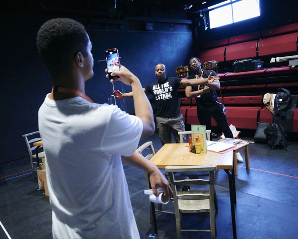 Dylan Brady (foreground), Daniel J Carver, Everal A Walsh rehearse Revealed at Bristol''s Tobacco Factory Theatres (credit: Mark Dawson) at 
