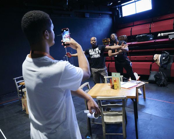 Dylan Brady (foreground), Daniel J Carver, Everal A Walsh rehearse Revealed at Bristo Photo