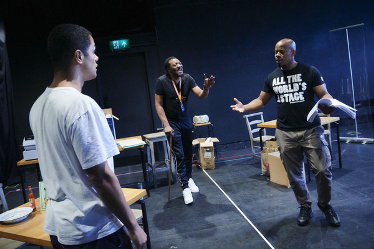 Dylan Brady (foreground), Everal A Walsh, and Daniel J Carver rehearse Revealed at Bristol''s Tobacco Factory Theatres (credit: Mark Dawson) at 