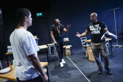 Dylan Brady (foreground), Everal A Walsh, and Daniel J Carver rehearse Revealed at Br Photo