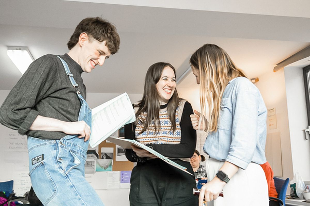 Katie Erich, Adam Fenton, and Indiana Lown-Collins at Photos: See Rehearsal Photos From THE SOLID LIFE OF SUGAR WATER At the Orange Tree Theatre