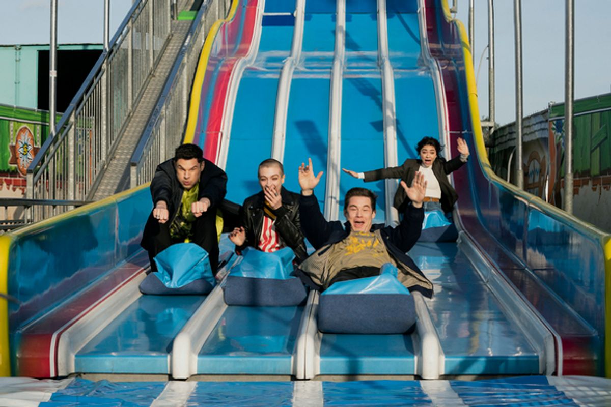 Flula Borg as Pieter, Lera Abova as Lina, Adam Devine as Bumper Allen, Sarah Hyland as Heidi at 