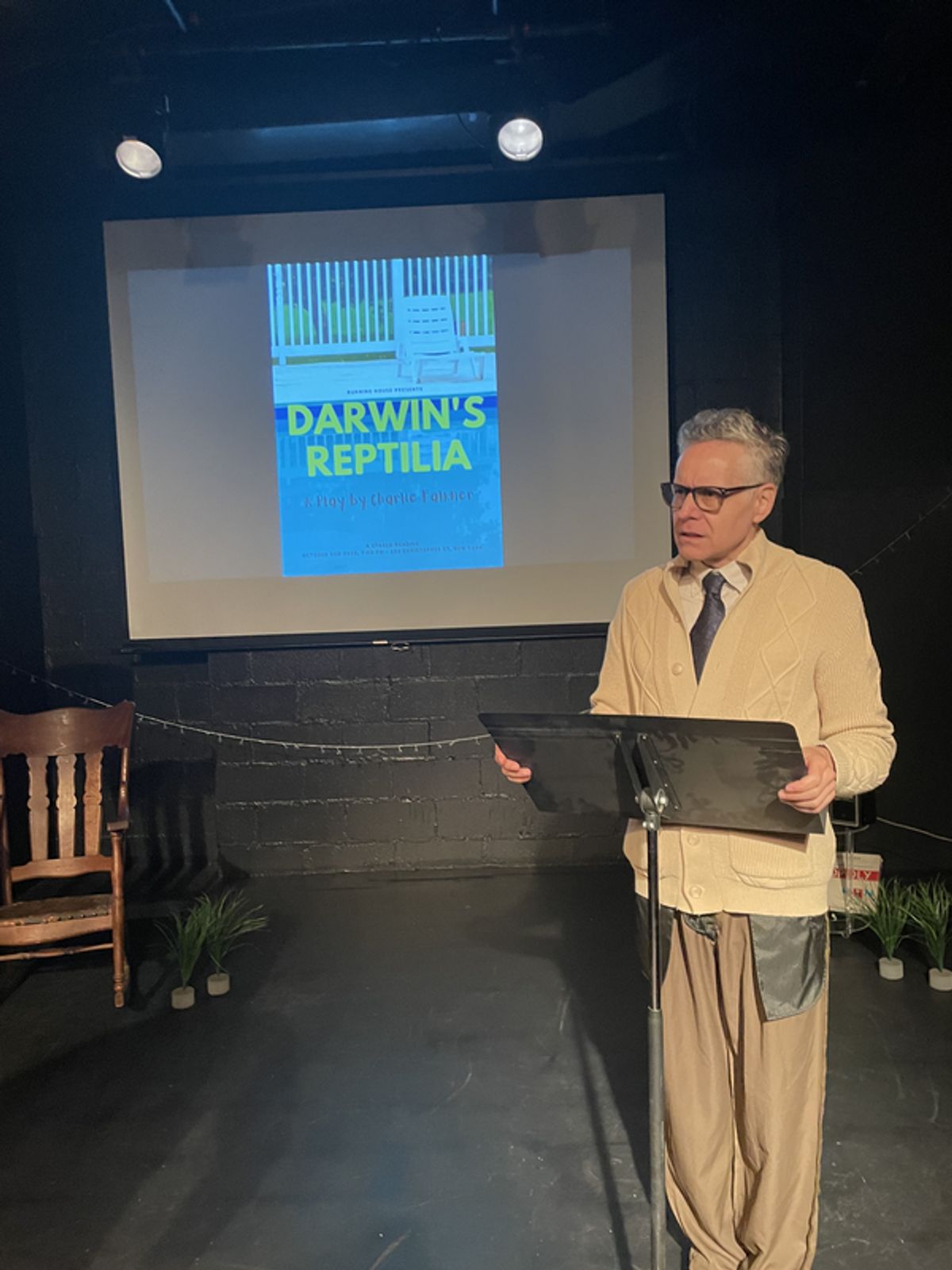 Joe Franchini reads stage directions at Photos: BURNING HOUSE Presents Charlie Falkner's Darwin's REPTILIA