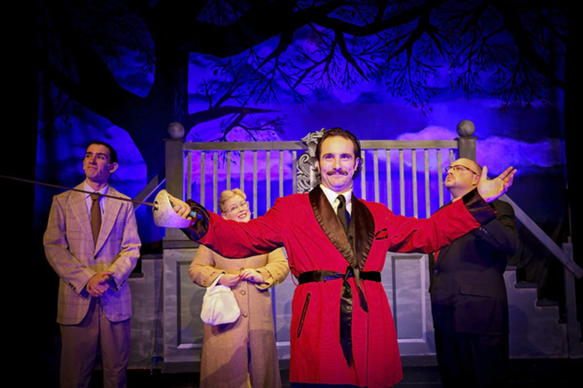 (Front) Gomez (Joseph Bryant) with (Back left to right) Lucas (Carmen Matarazzo), Alice (Caitlin Martin) and Mal (Justin Grossman)  Photo Credit: Fawn Nocera Photography at Photos: The MAC Players Presents THE ADDAMS FAMILY this Halloween Weekend