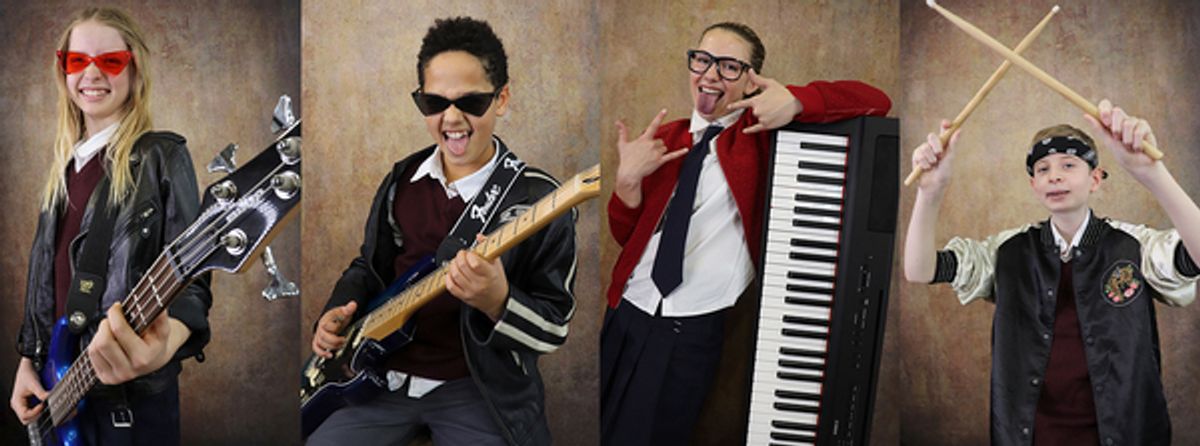 Claire Ziegler (Katie), Dylan Wiseman (Zack), Annabelle Langas (Lawrence), and Evan Silver-Schack (Freddie) at Photos: First Look at the Cast of Highland Park Players' SCHOOL OF ROCK