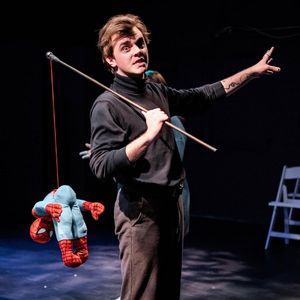 Alex B. Burnette as Michael Riedel & the cast of THE SPIDER QUEEN; photo by Ashleigh  Photo