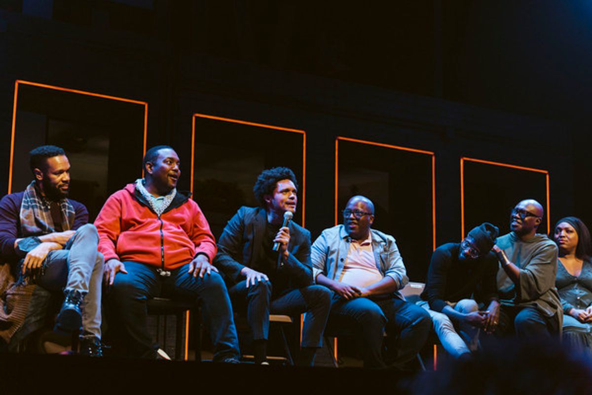 Actress L Morgan Lee (second right) makes a point as actor John-Andrew Morrison; Trevor Noah; A Strange Loop Playwright, Composer & Lyricist Michael R. Jackson; A Strange Loop Choreographer Raja Feather Kelly; actors James Jackson, Jr. and Jaquel Spivey look on at 