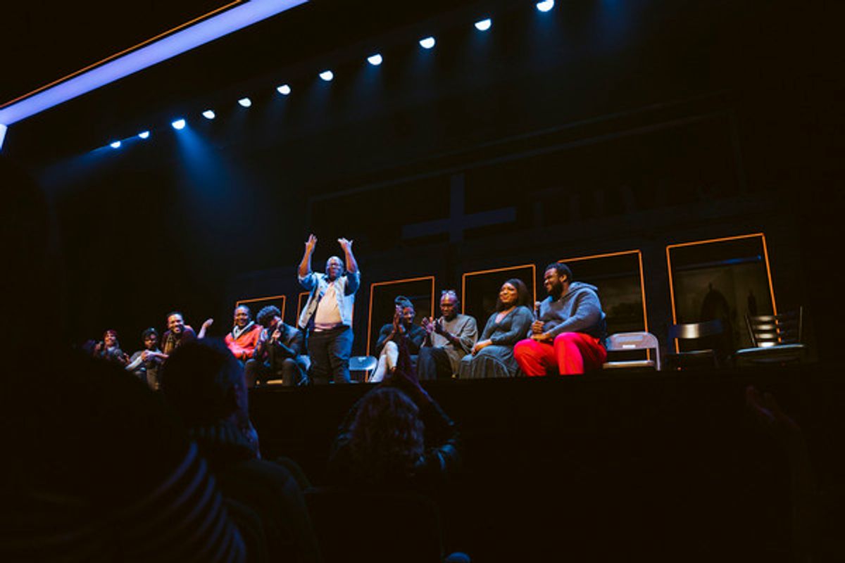 A Strange Loop Playwright, Composer & Lyricist Michael R. Jackson (standing) with A Strange Loop Musical Director Rona Siddiqui; actors John-Michael Lyles, Jon-Michael Reese, Jason Veasey and John-Andrew Morrison; Trevor Noah; A Strange Loop Choreographer Raja Feather Kelly; actors James Jackson, Jr., L Morgan Lee and Jaquel Spivey at 