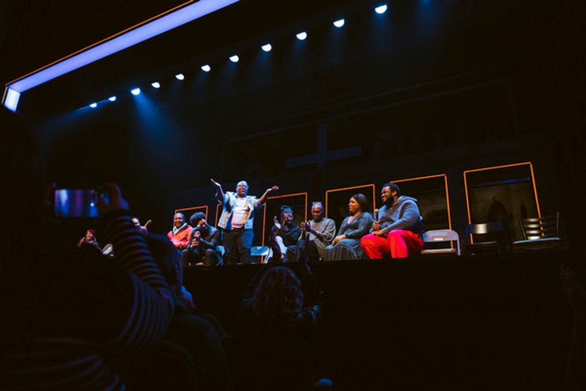 A Strange Loop Playwright, Composer & Lyricist Michael R. Jackson (standing) with A Strange Loop Musical Director Rona Siddiqui; Trevor Noah; A Strange Loop Choreographer Raja Feather Kelly; and cast members at 
