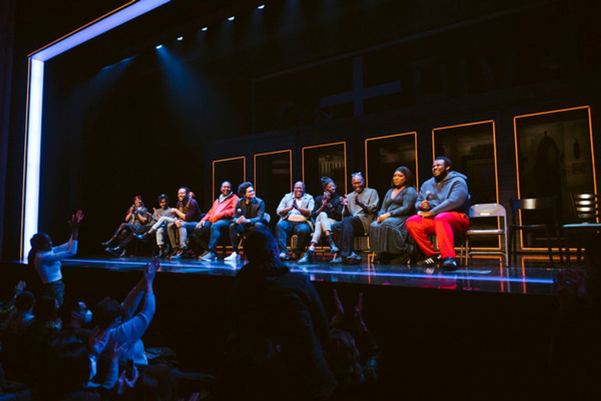 Audience members show their enthusiasm for A Strange Loop actor Jaquel Spivey (right), together with Musical Director Rona Siddiqui; actors John-Michael Lyles, Jon-Michael Reese, Jason Veasey and John-Andrew Morrison; Trevor Noah; A Strange Loop Playwright, Composer & Lyricist Michael R. Jackson; A Strange Loop Choreographer Raja Feather Kelly; actor James Jackson, Jr. and actress L Morgan Lee at 