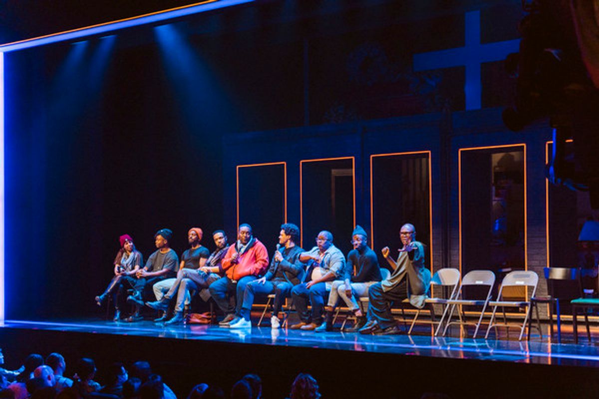 A Strange Loop Musical Director Rona Siddiqui; actors John-Michael Lyles, Jon-Michael Reese, Jason Veasey and John-Andrew Morrison; Trevor Noah; A Strange Loop Playwright, Composer & Lyricist Michael R. Jackson; A Strange Loop Choreographer Raja Feather Kelly; actor James Jackson, Jr. at 