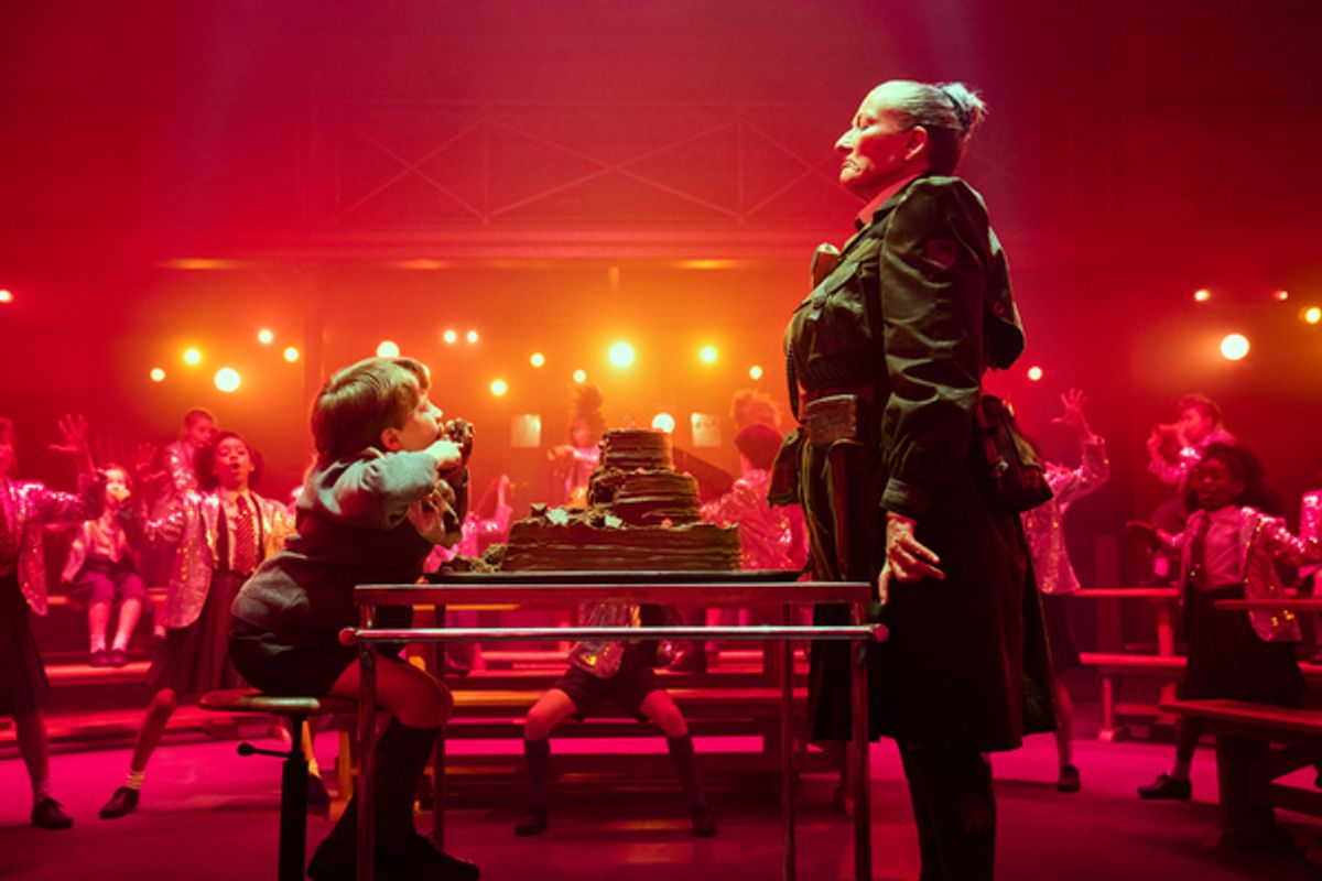 Charlie Hodson-Prior as Bruce Bogtrotter, Emma Thompson as Agatha Trunchbull at 