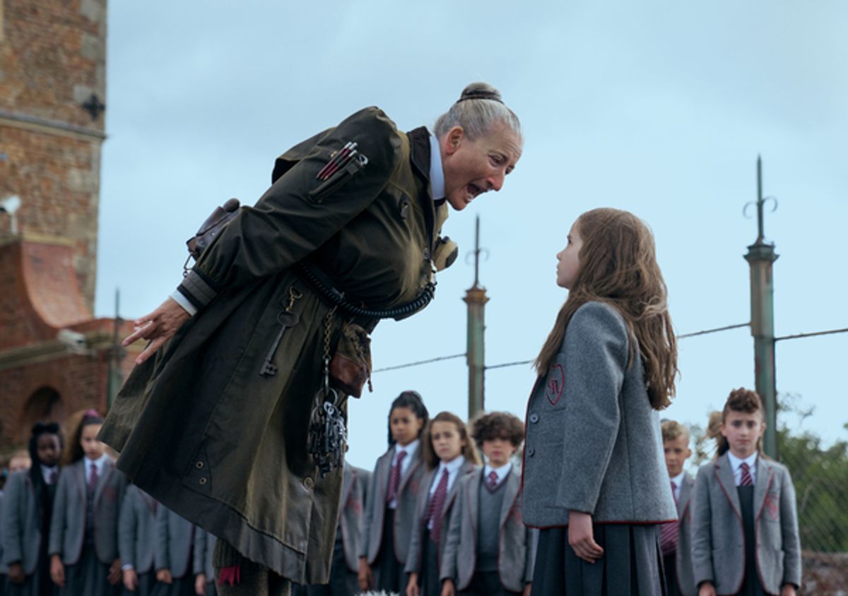 Emma Thompson as Agatha Trunchbull, Alisha Weir as Matilda at 