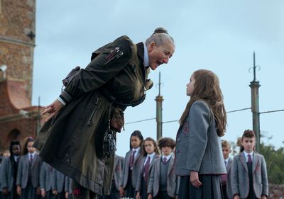 Emma Thompson as Agatha Trunchbull, Alisha Weir as Matilda Photo