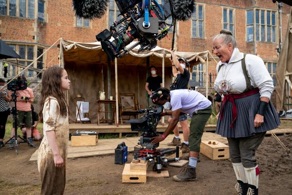 Alisha Weir as Matilda and Emma Thompson as Agatha Trunchbull Photo