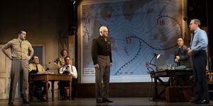 Foreground, L-R: Philip Cairns, Malcolm Sinclair  and Kevin Doyle as Dr. James Stagg. Photo