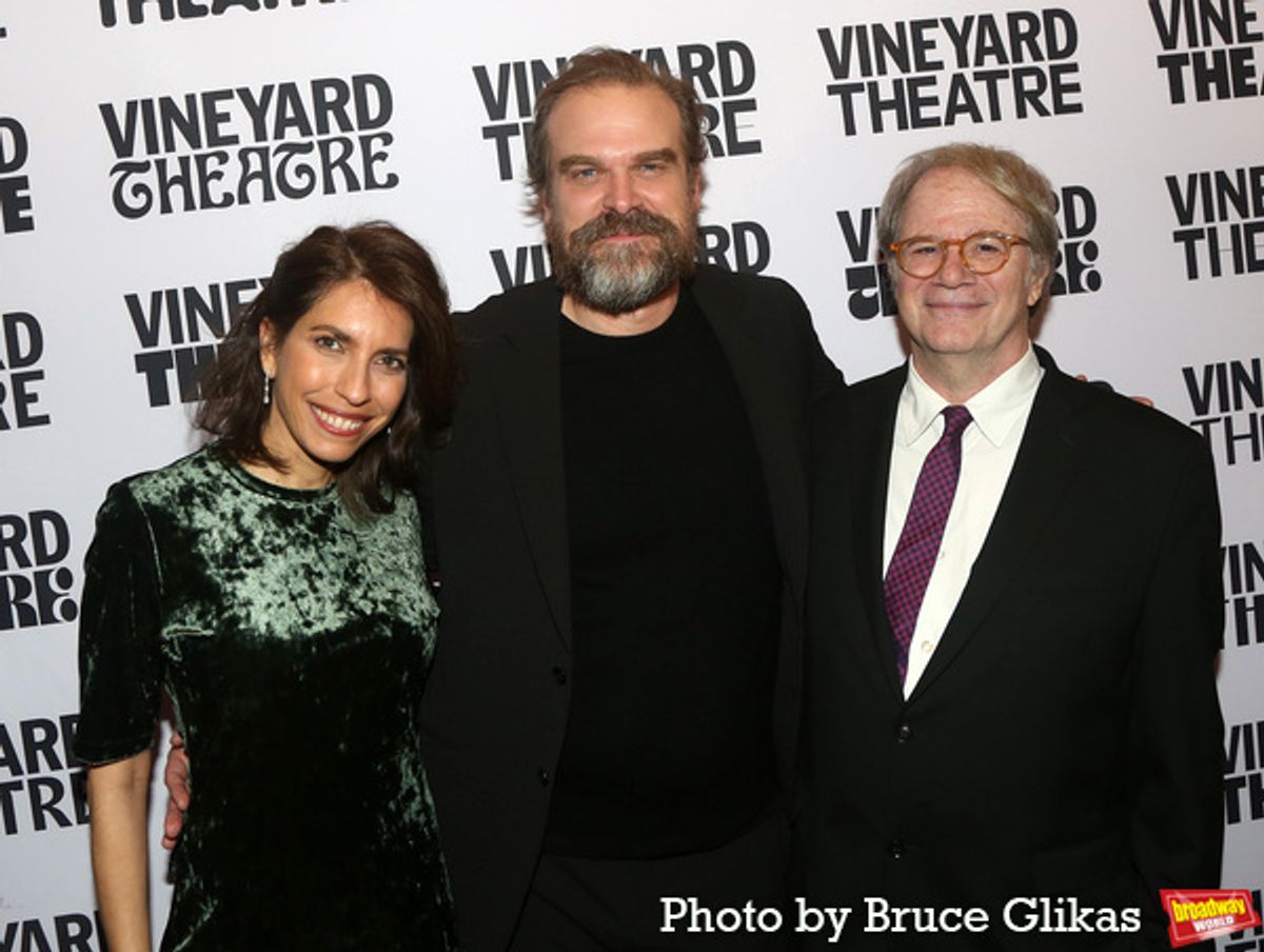 Vineyard Theatre Artistic Director Sarah Stern, David Harbour and Vineyard Theatre Artistic Director Douglas Aibel  at 