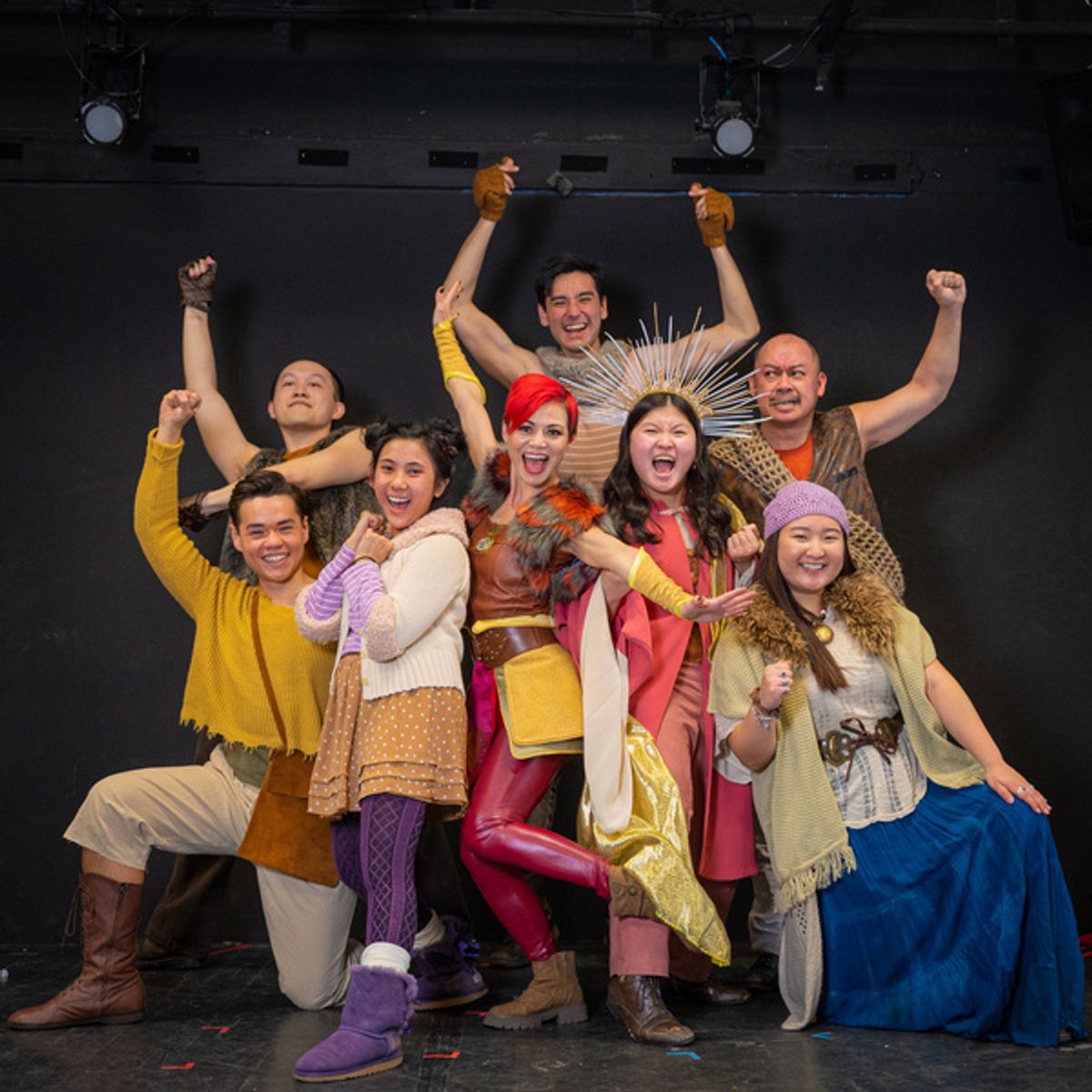 The Cast of THE MONKEY KING, A Kung Fu Musical: Gage Thomas, Charles Pang, Bella Villanueva, Kimbirdlee Fadner, Ellis Gage, Sarah Chiu, Brian Jose, Annie Yamamoto. Rehearsal photo at Main Street Theat at 