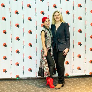 Kimbirdlee Fadner (Monkey King) and Taryn Sacramone (Executive Dir. Queens Theatre) Photo