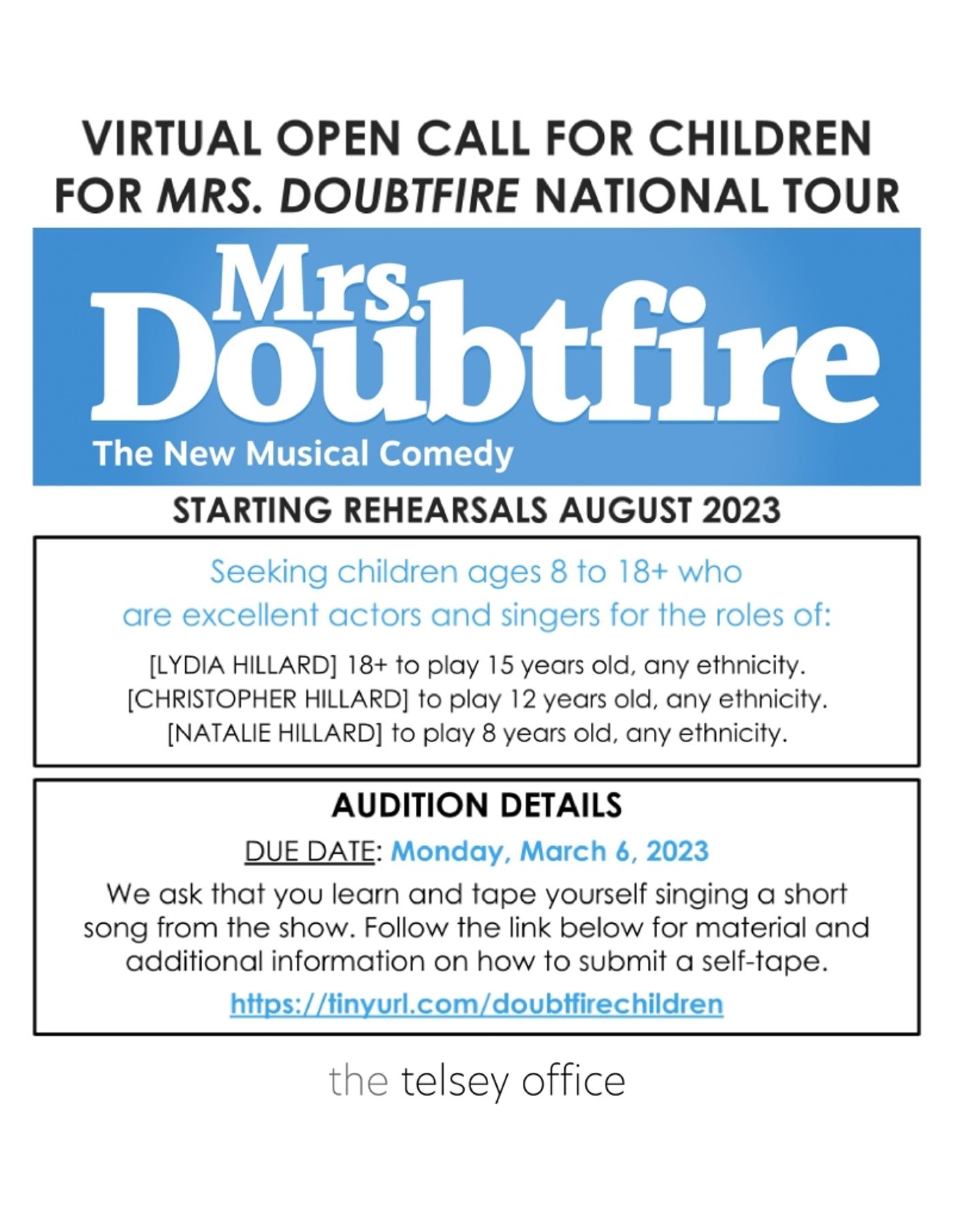 MRS DOUBTFIRE National Tour Is Holding Virtual Open Call for Child Actors MRS DOUBTFIRE National Tour Is Holding Virtual Open Call for Child Actors Image