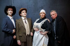 Sir Henry (John O'Brien) and Dr. Watson (Zachary Macias) meet the Barrymores (Mikkel Simons and Chris Morrison) @ BroadwayWorld Sir Henry (John O'Brien) and Dr. Watson (Zachary Macias) meet the Barrymores (Mikkel Photo