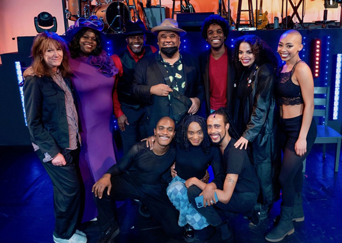 Stew and Heidi with cast: Left to right standing: Heidi Rodewald, Brandi Chavonne Massey, Dwayne Clark, Stew, Jason Tyler Smith, Amanda Rose Green, A'ja Desormeau, kneeling: J'royce Jata, Janeece Free at 